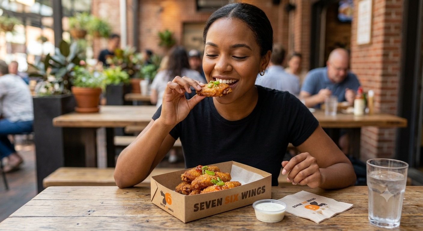 Customer enjoying Seven Six Wings