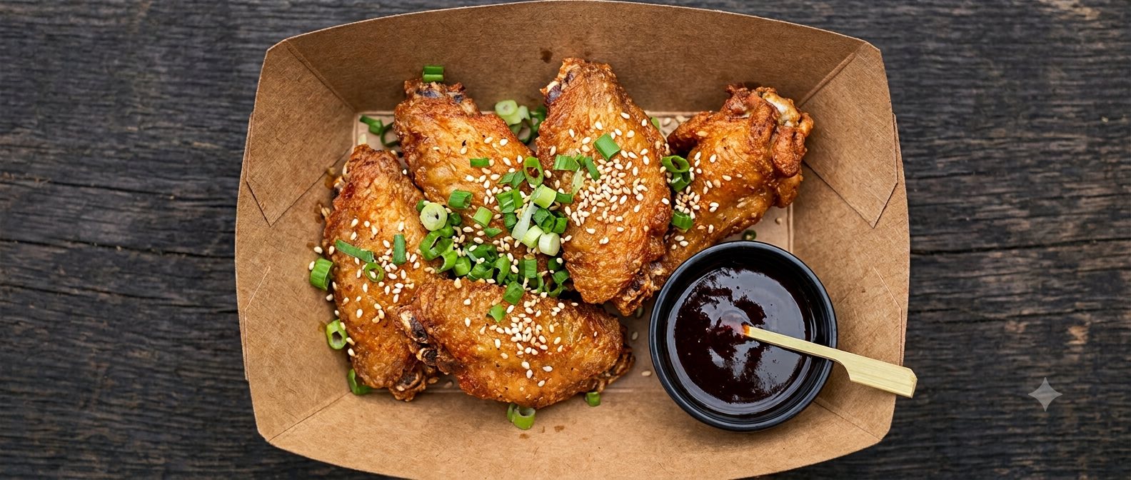 Fresh-fried Jamaican-Caribbean wing flats in a kraft tray with jerk BBQ dip